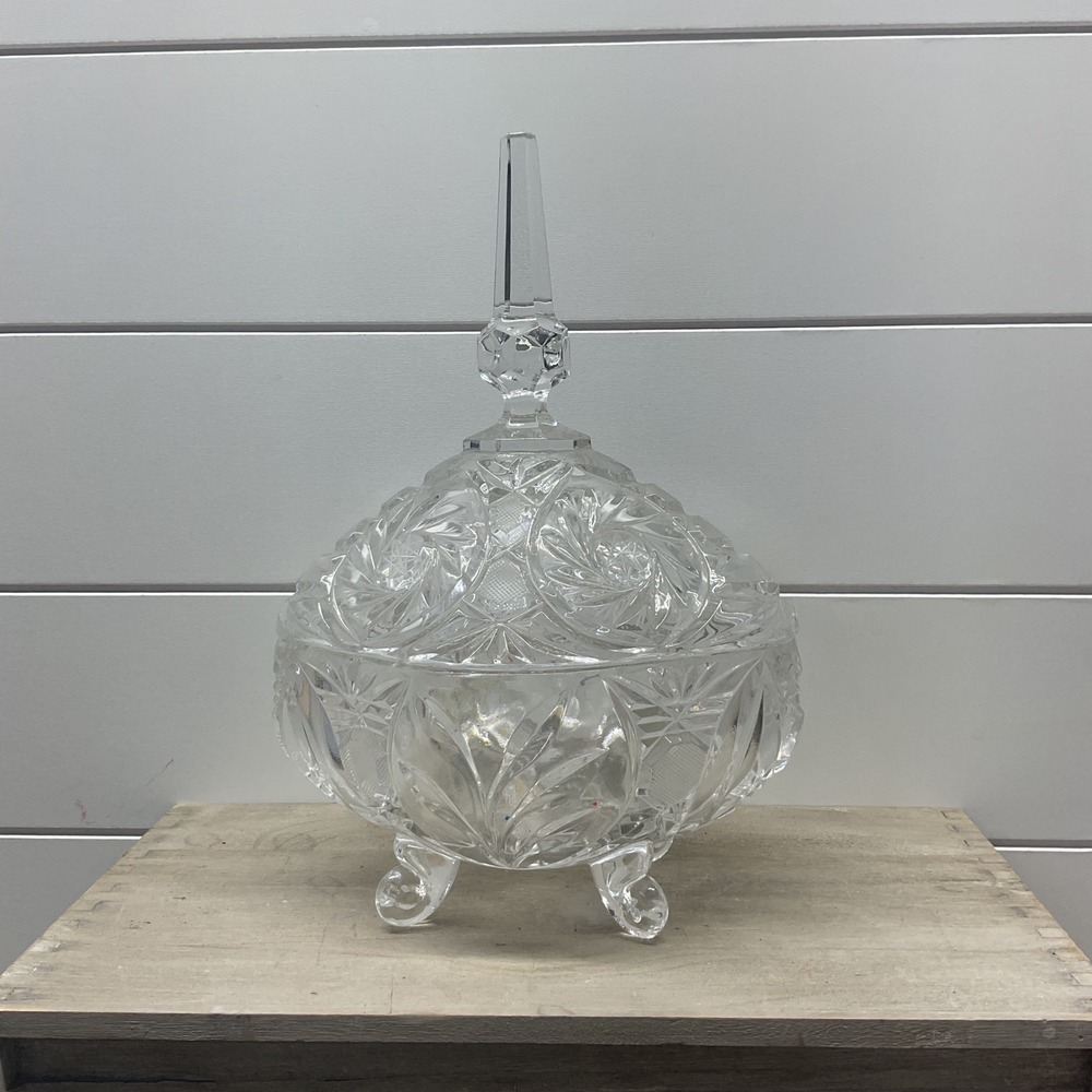 Vintage Clear Pressed Glass Footed Oval Candy Dish with Finial Lid Pinwheel Star